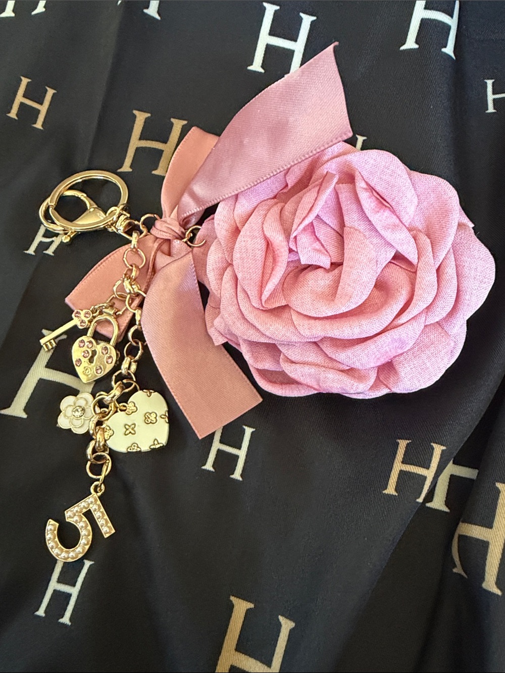 Pink Floral Ribbon Charm Keychain with Gold Accents